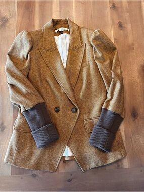 Veronica Beard Brown Herringbone Double-Breasted Dickey Blazer with Rib Cuffs